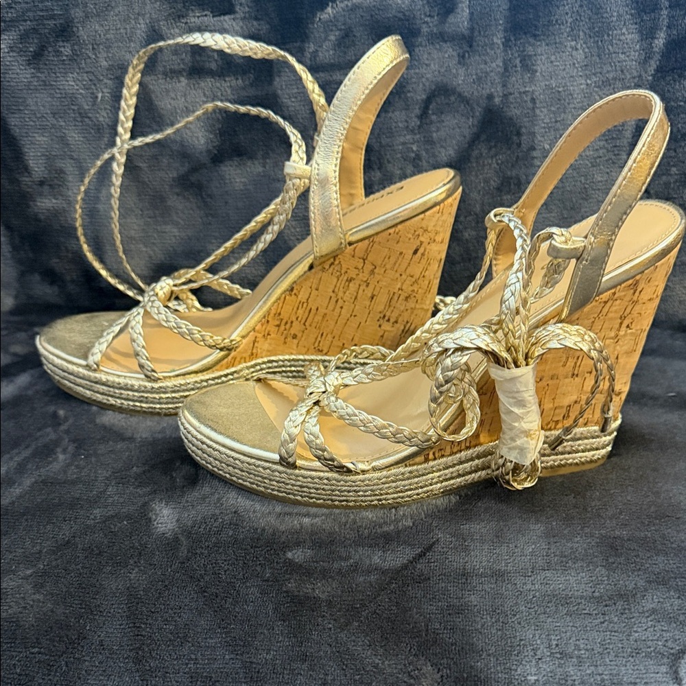 Express Gold Braided Cork Wedge Sandals